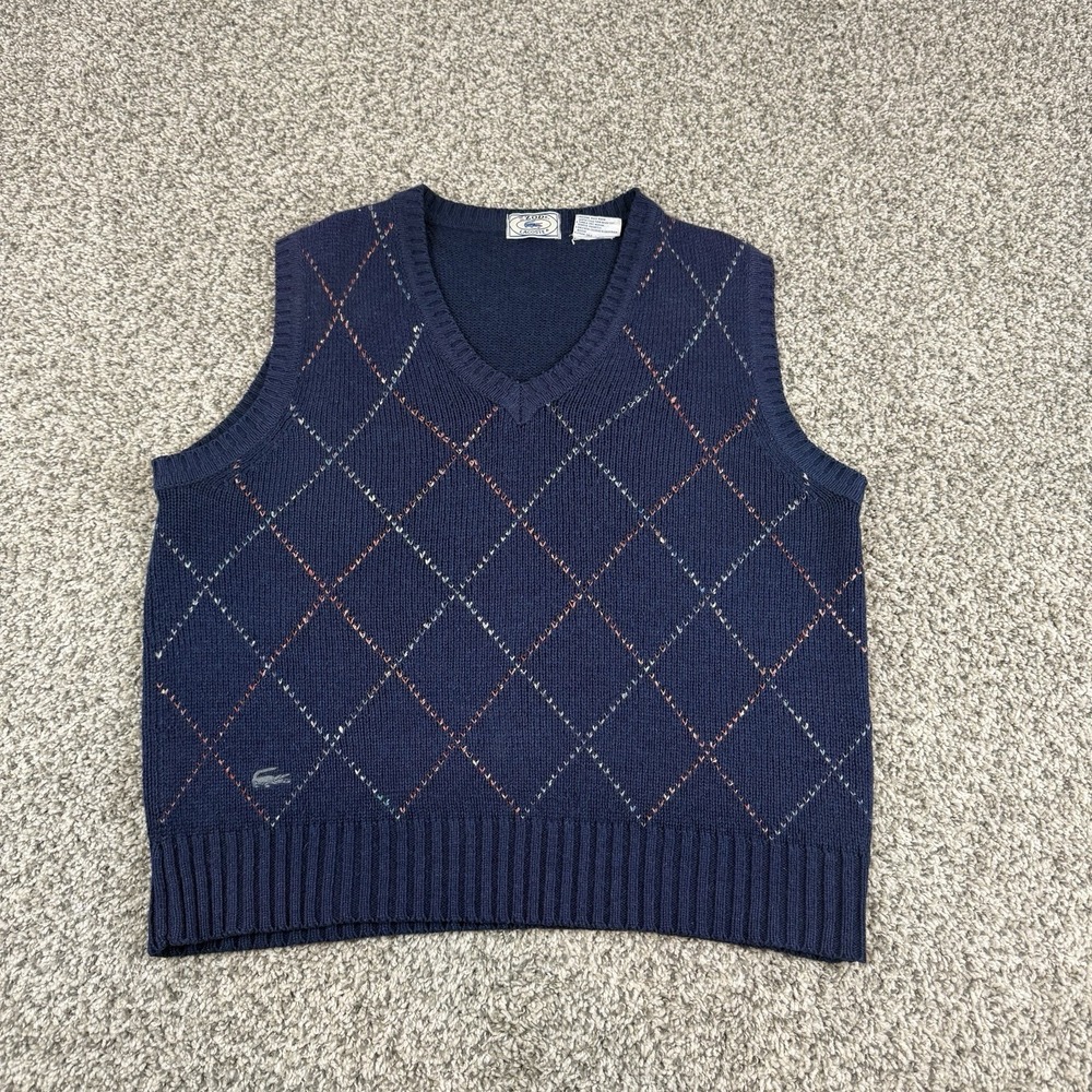 Vintage IZOD Lacoste Vest Mens Medium Navy Golf Preppy Argyle Wool Blend
